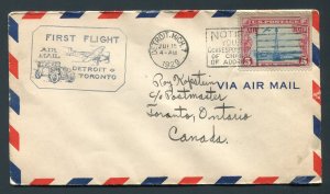1929 First Flight FFC Detroit, Michigan to Toronto, Ontario CANADA