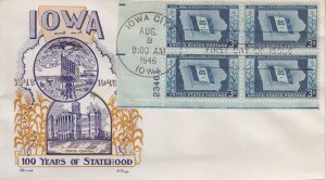 1946 Iowa Statehood  (Scott 942) Fleetwood Knapp PB UA FDC
