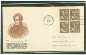 US 812 1938 7c Andrew Jackson (part of the presidential/prexy definitive series) blocks of four on an addressed first day cover