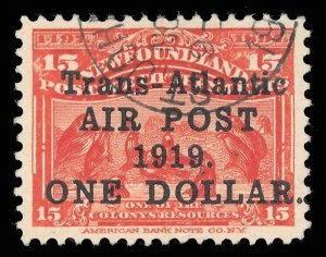 Newfoundland 1919 $1 on 15c bright scarlet (no comma after POST) VFU. SG 143a.