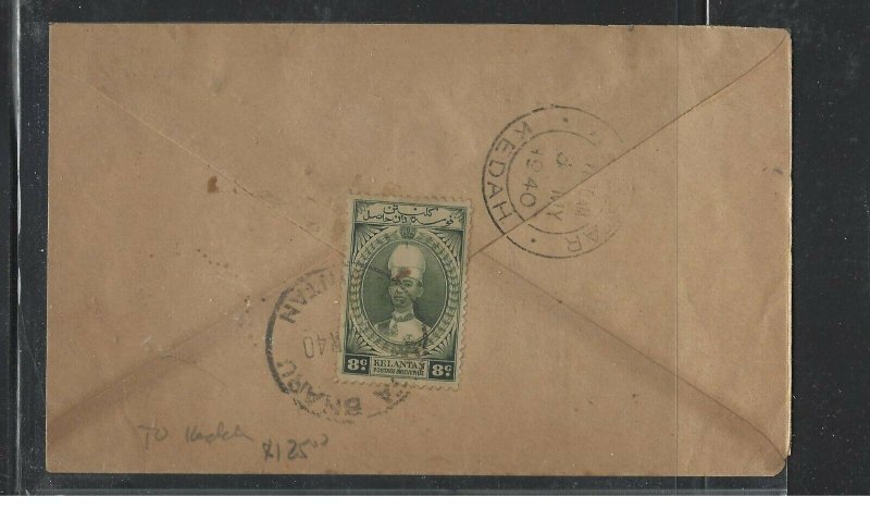  MALAYA KELANTAN   (PP1008B) COVER  1940  CHIEFS HAT 8C KOTA BHARU  TO KEDAH