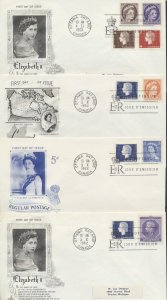 1962-63 #401/405 Lot of 4 Cameo FDCs With Earlier QEII Stamps