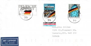 1990 GERMAN COMMERCIAL AIRMAIL COVER TO CANADA GERMANY UNITY STAMPS IN SERIES