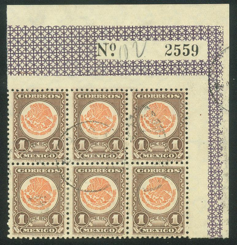 MEXICO 719, $1P COAT OF ARMS 1934 DEFINITIVE BLOCK OF SIX. USED. F-VF. (80)