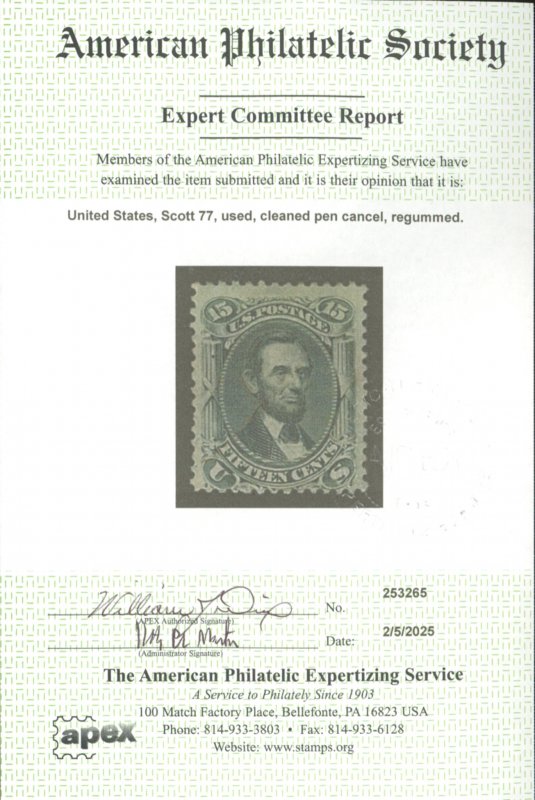 U.S. #77 USED WITH APS CERT