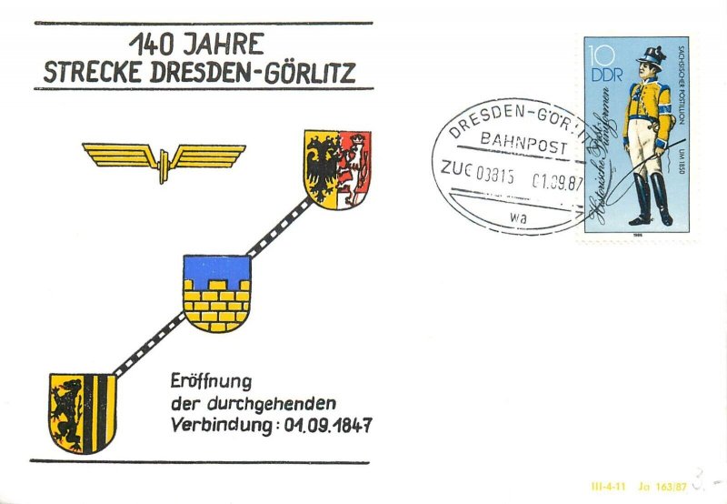 E0035 Germay 140 Years of the Dresden - Gorlitz route 1987 Postal Card