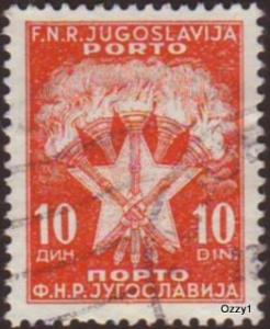 Yugoslavia 1951-52  Sc#J70 10din Red Star & Torches USED.