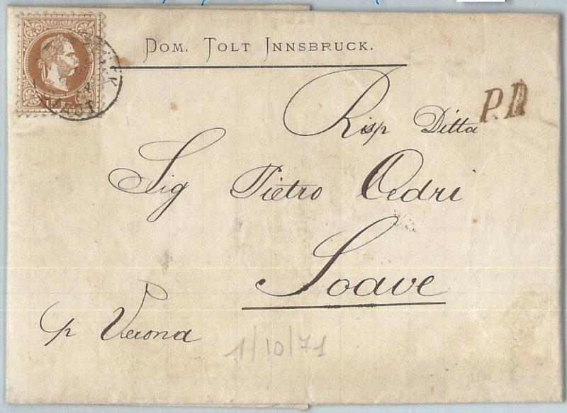 69822 - AUSTRIA  - POSTAL HISTORY - COVER from INNSBRUCK to ITALY  1871