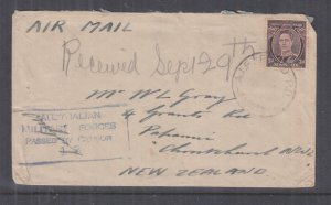 AUSTRALIA, AIF FIELD PO No 14, 1943 Airmail censored cover, 3d. to New Zealand.