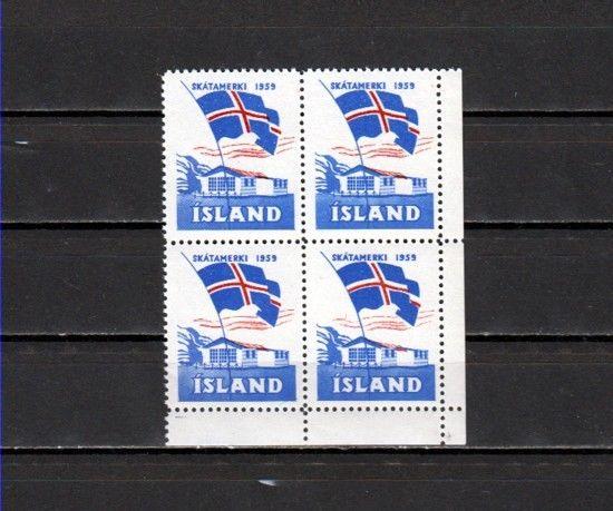 Iceland, 1959 Christmas Seal with Waving Flag, Block of 4. ^
