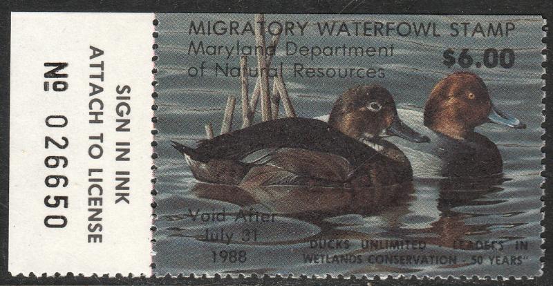 U.S.-MARYLAND 14, STATE DUCK HUNTING PERMIT STAMP WITH TAB. MINT, NH. VF