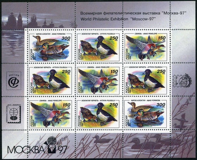 Russia 6222b sheet, MNH. Michel 389-391 klb. Ducks 1994. Anas penelope, Formosa.