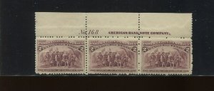 231c Columbian Broken Hat Mint Top Plate # &  Imprint Strip of 3 Stamps NH