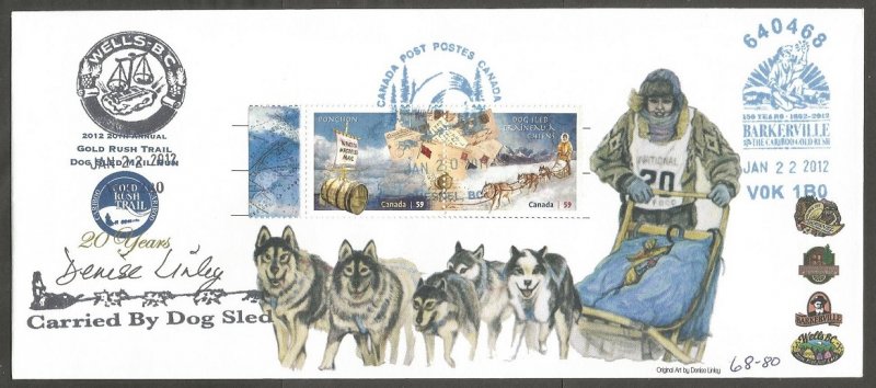 CANADA COVER 2012 DOG SLED MAIL RUN.COVER ARTIST DENISE LINLEY SIGNED #68/80