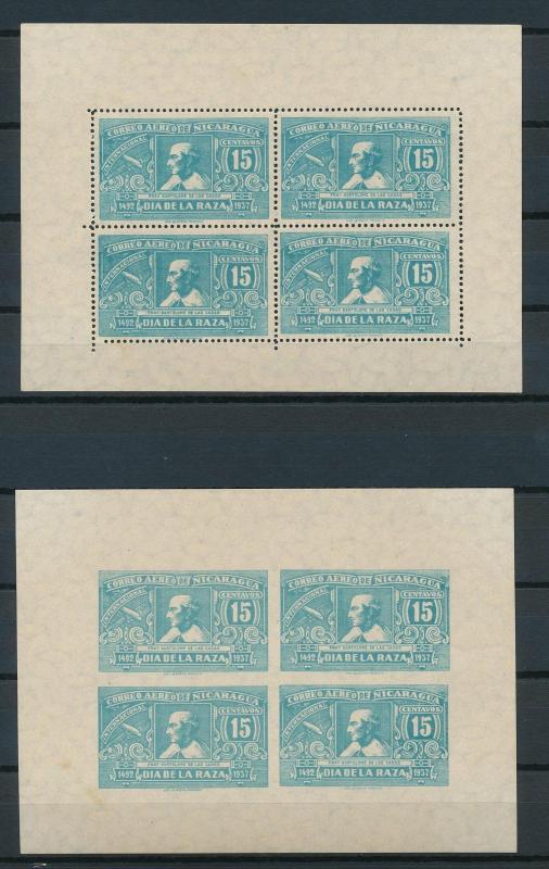[19710] Nicaragua 1937 Airmail 15C Bartolomé VF Sheets of 4 perf and imperf MLH