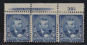 US 281 5c Grant Plate #391 Strip of 3 Mint F-VF OG H SCV $135 