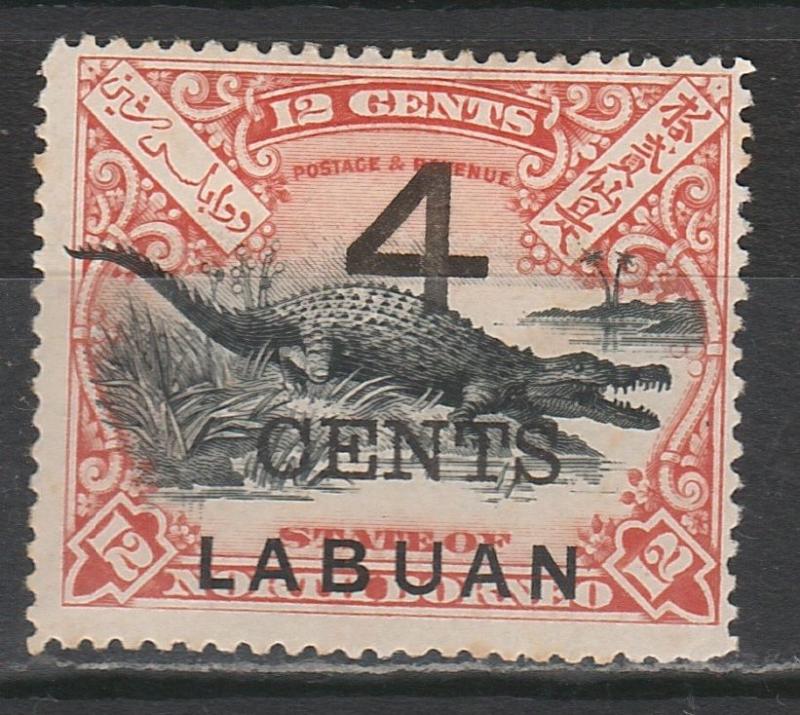 LABUAN 1899 LARGE 4C OVERPRINTED CROCODILE 12C PERF 14.5