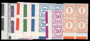 Mauritius #J1-7 Cat$23.60, 1933-54 Postage Dues, complete set in blocks of fo...