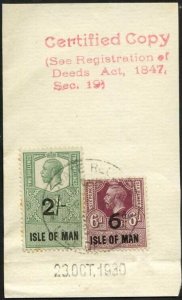 Isle of Man KGV 2/- and 6d Key Plate Type Revenues CDS on Piece