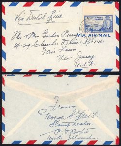 Turks and Caicos KGVI 3d on commercial Airmail cover to the USA