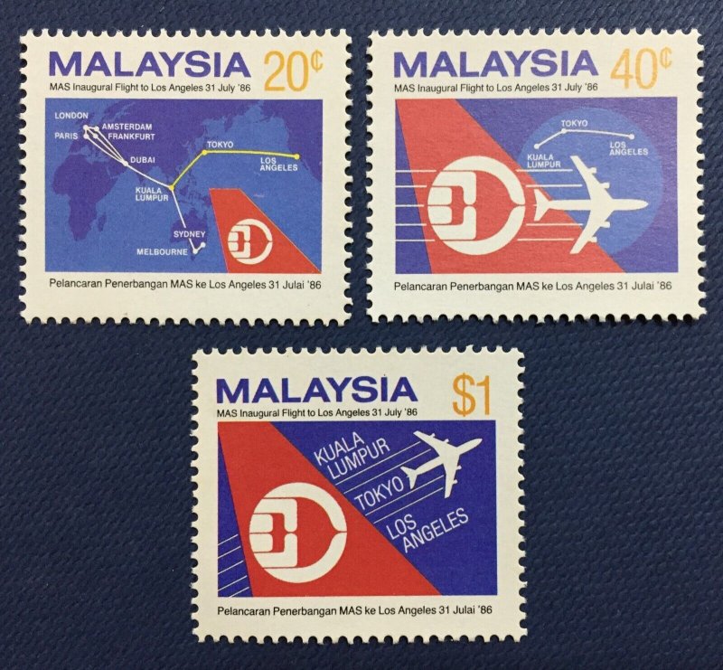 Malaysia 1986 Inaugural Flights of MAS to Los Angeles SG#355-357 MNH