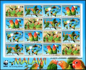 Malawi 751 ad/4 strips sheet, MNH. WWF 2009. Lovebirds.