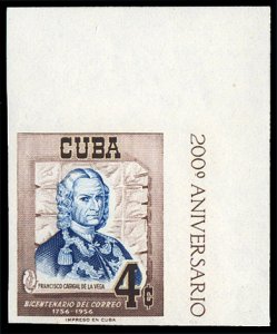 Cuba #552, 1955 Cuban Post Bicentennial, imperf. corner margin single, never ...