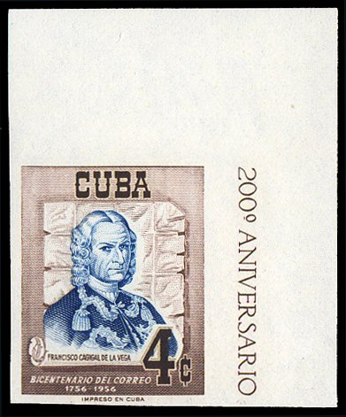 Cuba #552, 1955 Cuban Post Bicentennial, imperf. corner margin single, never ...