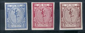 GB 1911 De La Rue imperf Mercury Air Mail essay, minor wrinkle, in blue, red &