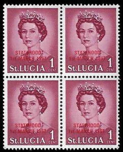 St. Lucia Blk of 4 Overprint MNH; 1c QEII - Red Statehood overprint (1967)