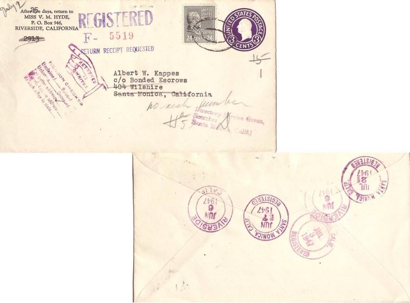 United States California Santa Monica Registered 1947 violet double ring with...