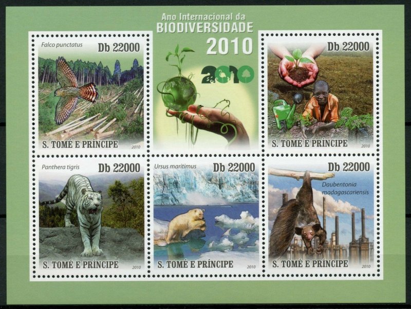 Sao Tome & Principe Wild Animals Stamps 2010 MNH Biodiversity Tigers Bats 5v M/S