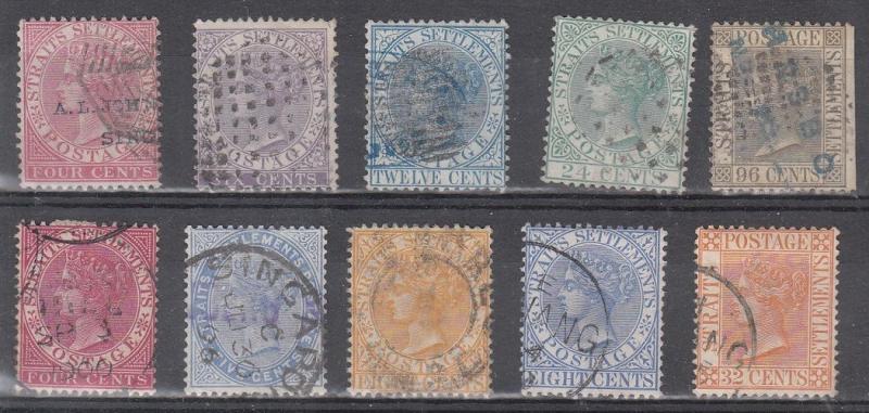 Straits Settlements Scott 11,12,14,15,18,43,45,49,50,56 Used (CV $103.70)