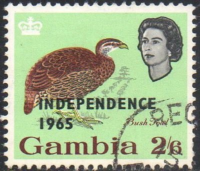 Gambia 1965 2/6d Bush Fowl with 'Independence 1965' ovpt used