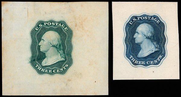 U.S. #11-E10a, b die on India paper, plus die on India, on card, in 3 colors