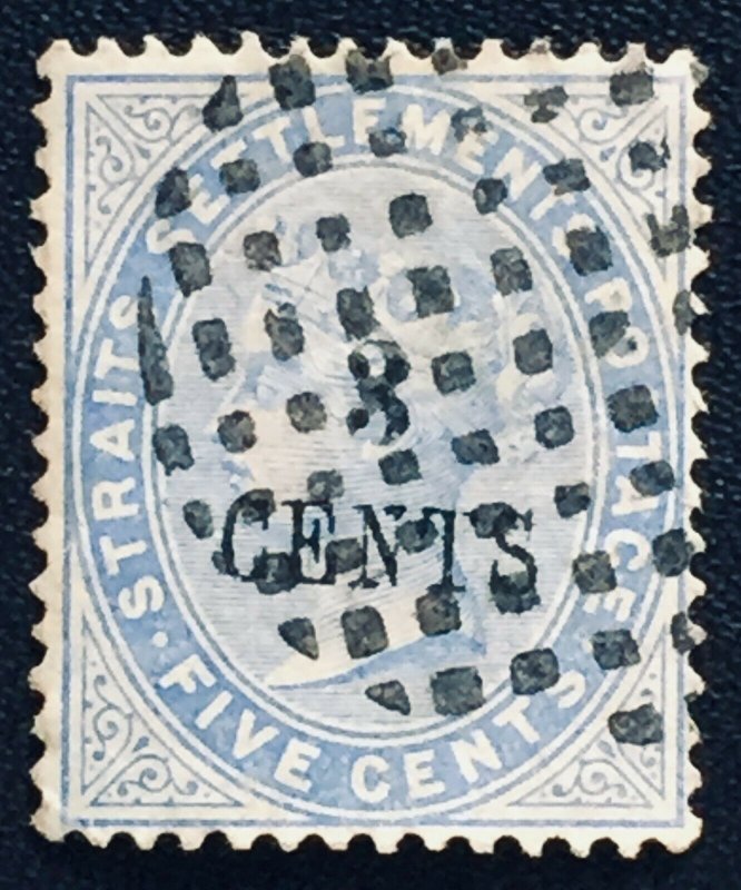 Malaya Straits Settlement 1885 QV 3c on 5c Used SG#82 CV£275 M2427