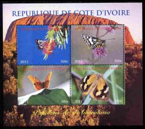 IVORY COAST - 2011 - Butterflies of Australasia -Perf 4v Sheet-MNH-Private Issue