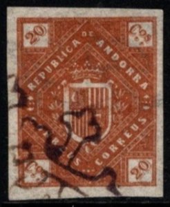 1875 Republic of Andorra Twenty Centimos Coat of Arms Issue Unissued Cancelled