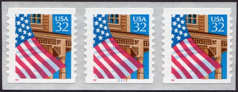 Scott #2915D Flag Over Porch Plate Number Coil (PNC3) of 3 Stamps - MNH w/back #