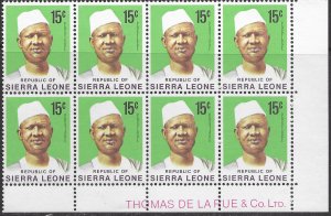 Sierra Leone #428 MNH Bottom Corner Block of 8.  1972