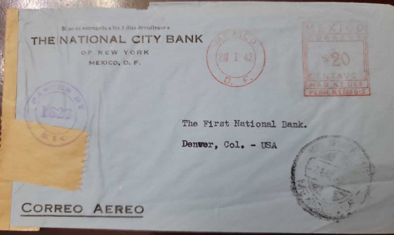 O) 1942 MEXICO, METERSTAMP,  CENSORSHIP. THE NATIONAL CITY BANK,  IRCULATED TO