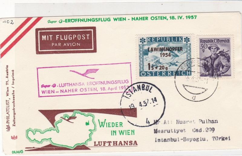 Austria 1957 1st Flight Lufthansa Wien-Naher Osten Slogan Stamps Cover Ref 27220