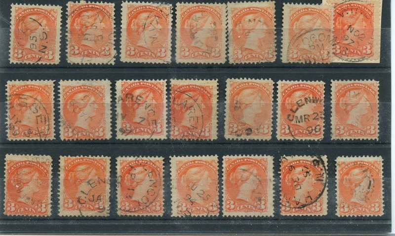 Various cancels on 3c x 21 Small Queen stamps, Canada used