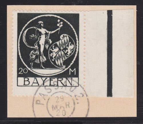 Bavaria Sc 254 used 1920 20m intense black Genius w/ Sheet Margin, Infla-Berlin