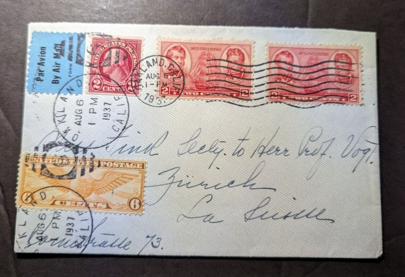 1937 USA Airmail Cover Oakland CA to Zurich Switzerland