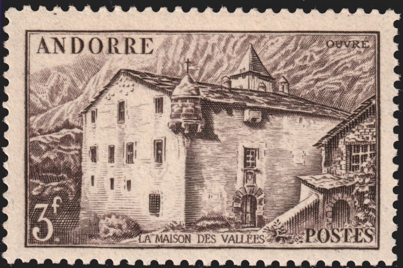 Andorra (French) #91  MOG - 3fr sepia Les Maison des Vallees (1944)