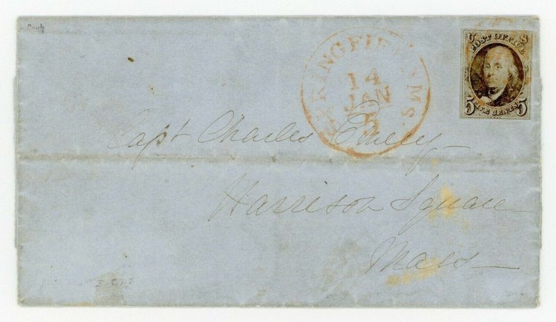 US Stamp #1 Franklin 5c - Used on Folded Letter - PSE Cert - Red Town Cancel