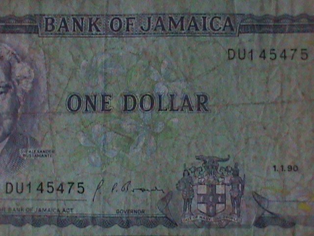 ​JAMAICA-1990-BANK OF JAMAICA-$1 -CIRCULATED-VF-34-YEARS OLD-WATER MARK