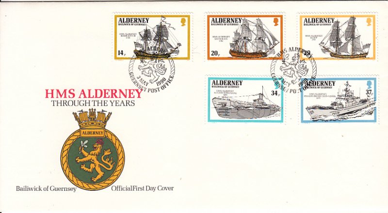 Alderney 1990 FDC Sc #55-#59 Set of 5 Ships named HMS Alderney