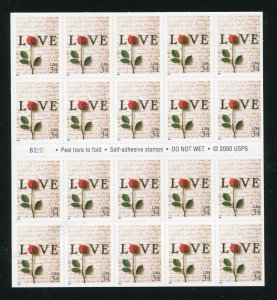 3497 Love Letter Booklet Sheet of 20 34¢ Stamps MNH VF